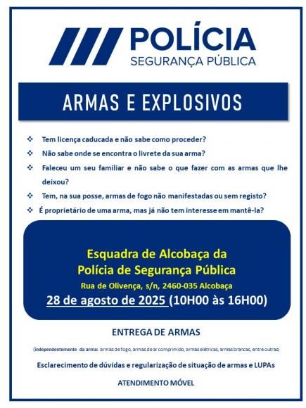 Ação de atendimento para esclarecimento de dúvidas, regularização da situação de armas, munições e LUPAs e ação de recolha de armas, munições e explosivos.