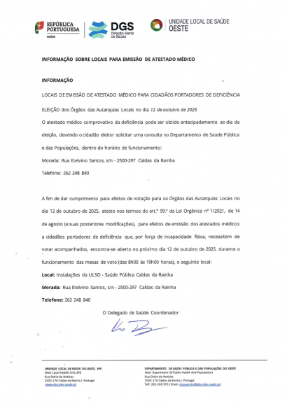 ELEIÇÕES - Informação de locais de emissão de Atestado Médico para cidadãos portadores de deficiência