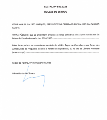 Edital nº 85/2025 - Bolsas de Estudo Listas disponíveis para consulta na Sede da Junta de Freguesia