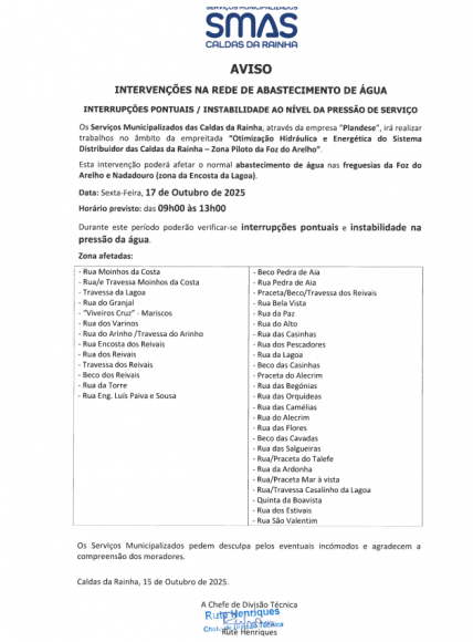 AVISO - INTERVENÇÕES NA REDE DE ABASTECIMENTO DE ÁGUA AVISO - INTERVENÇÕES NA REDE DE ABASTECIMENTO DE ÁGUA