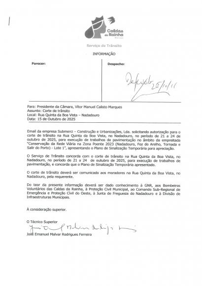 INFORMAÇÃO: Corte de trânsito Rua Quinta da Boavista INFORMAÇÃO: Corte de trânsito Rua Quinta da Boavista