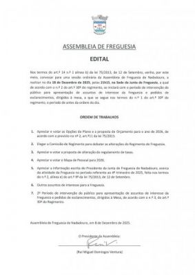 Sess&atilde;o Ordin&aacute;ria da Assembleia de Freguesia do Nadadouro: 18/12/2025 -21h15
