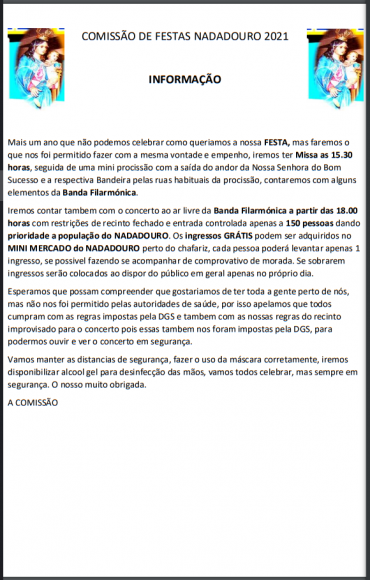Informação Comissão de Festas do Nadadouro