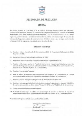 Sess&atilde;o Ordin&aacute;ria da Assembleia de Freguesia do Nadadouro: 23/04/2026 -21h15