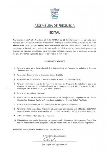 Sess&atilde;o Ordin&aacute;ria da Assembleia de Freguesia do Nadadouro: 23/04/2026 -21h15