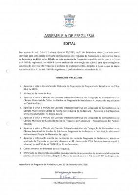 Sess&atilde;o Ordin&aacute;ria da Assembleia de Freguesia: 24 de setembro de 2026 - 21h15 - Sede da Junta de Freguesia