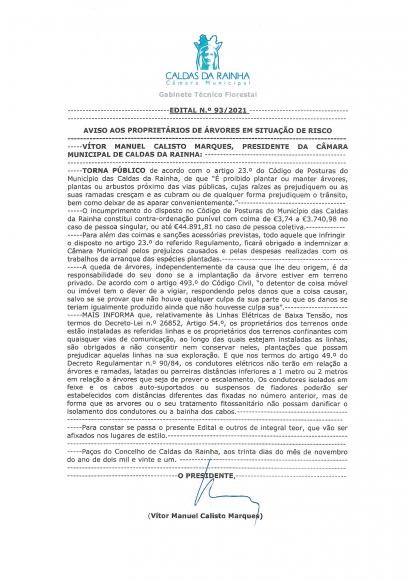 EDITAL nº 93/202: AVISO AOS PROPRIETÁRIOS DE ÁRVORES EM SITUAÇÃO DE RISCO